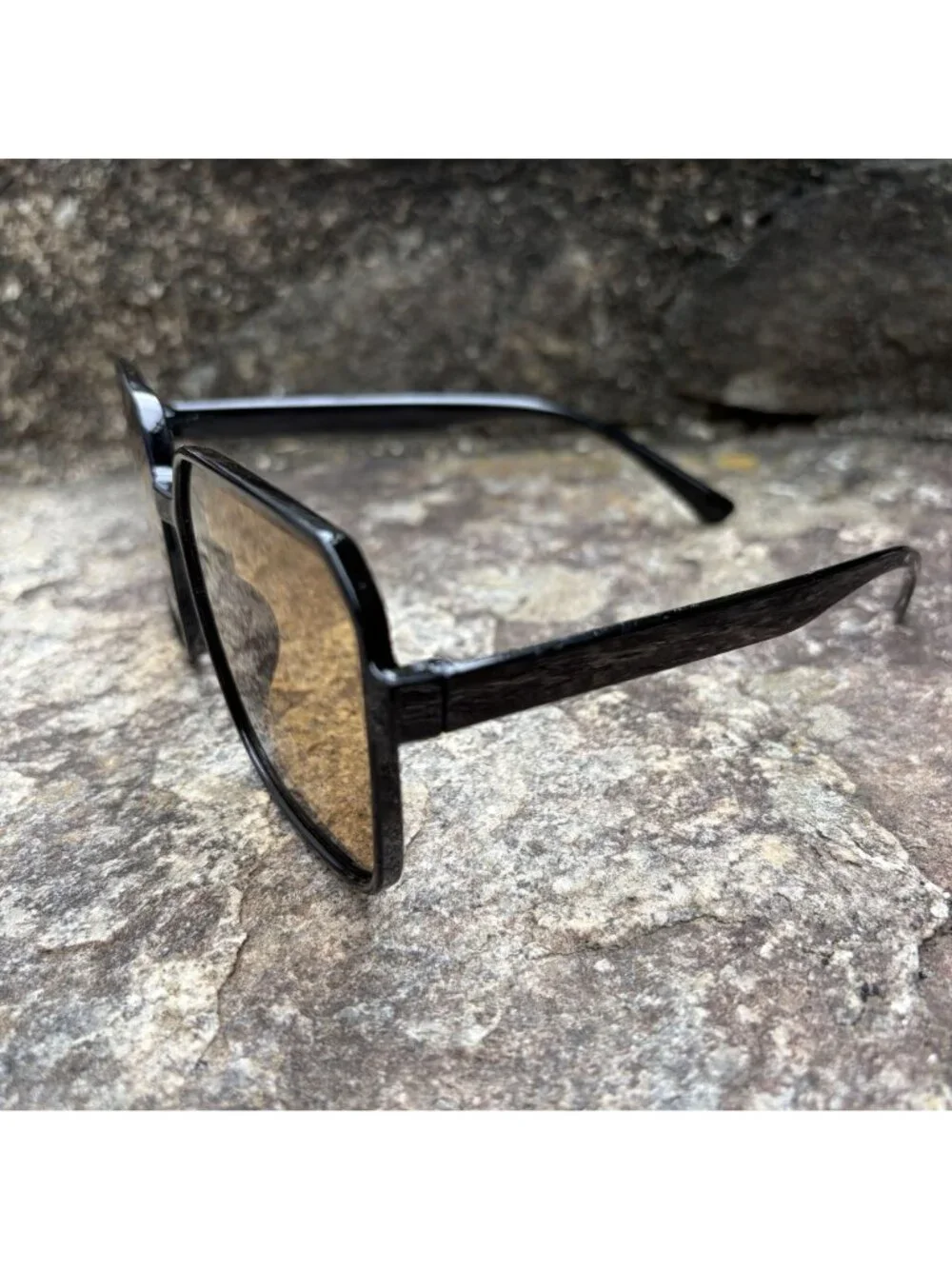 70s Style Oversized Square Black Sunglasses Warm Brown Tinted Lens Festival Boho
